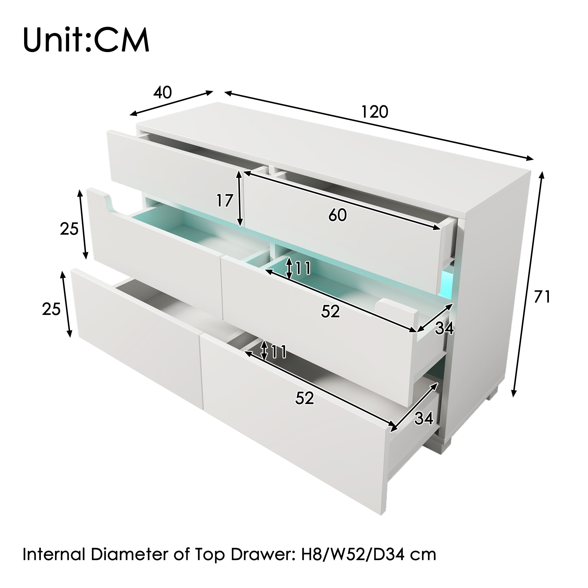 Sideboard Cabinet Dresser with 6 Drawers,Storage with RGB LED(App Control), Sideboard with Cut-out Handles, 6-drawers Chest of Drawers, 71 x 120 x 40 cm, White