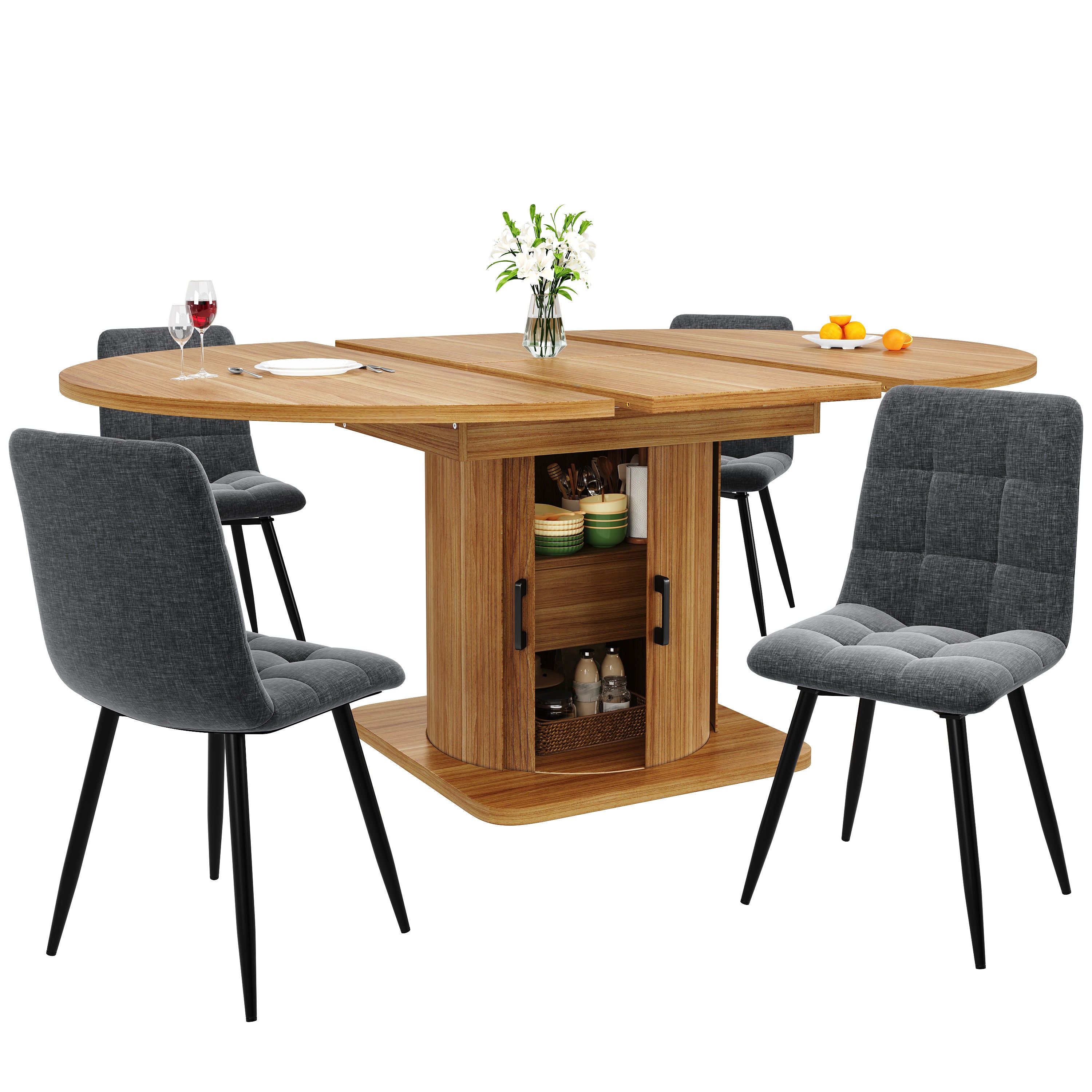 Extendable dining table, dining room table, kitchen table, round dining table, extends to oval, 118-158 cm, seats up to 6 people, dining table with drawers, dark brown