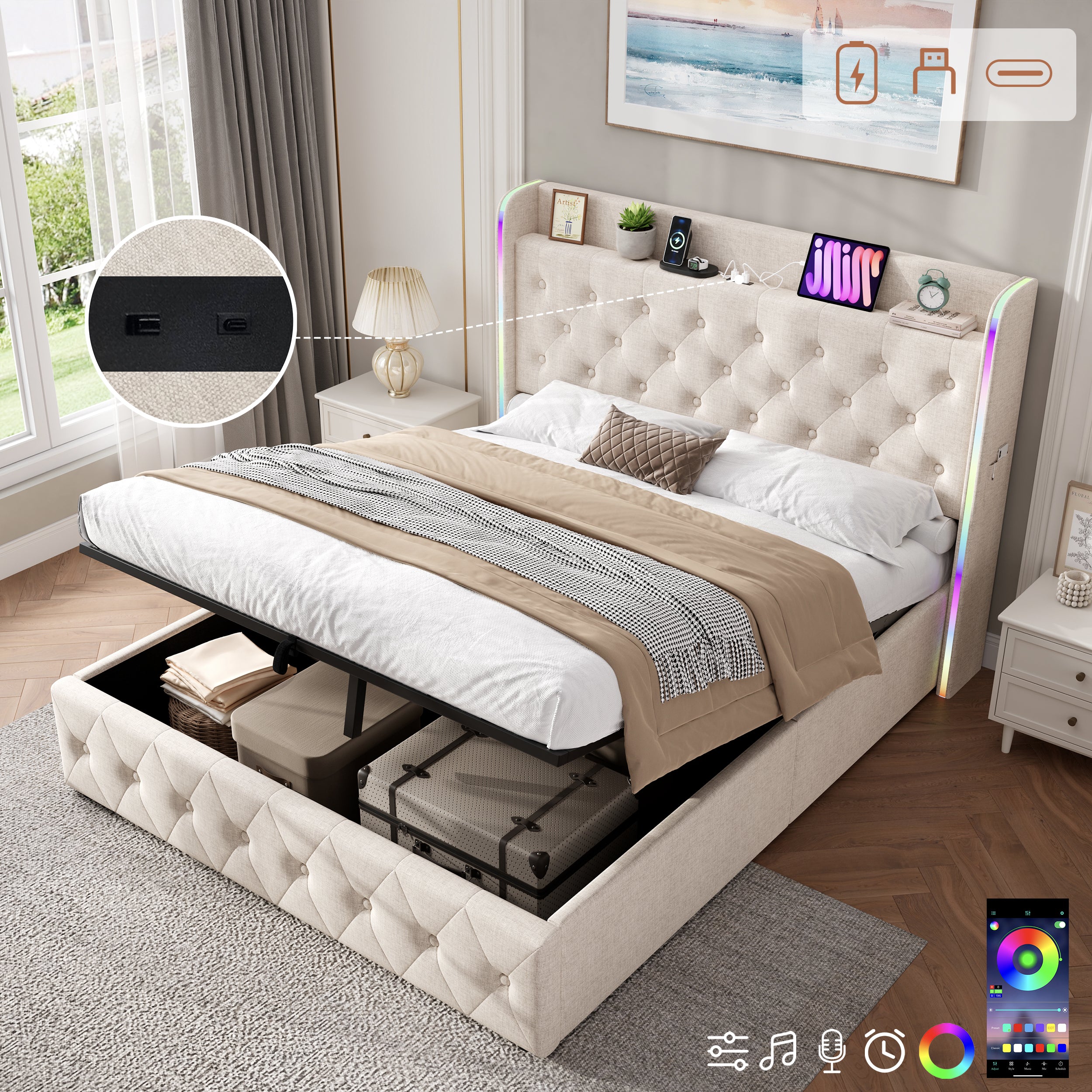 4ft6 Double Upholstered Bed Frame with Hydraulic Storage, LED Headboard with Charging Station and Button-tufted Design, USB and Type-C Ports, Linen, No Box Spring Needed, Beige (No Mattress)
