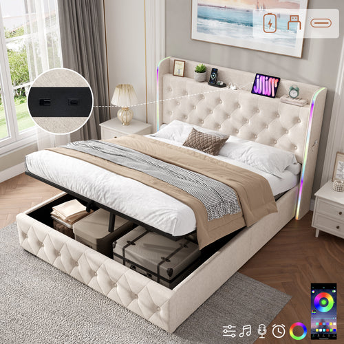 4ft6 Double Upholstered Bed Frame with Hydraulic Storage, LED Headboard with Charging Station and Button-tufted Design, USB and Type-C Ports, Linen, No Box Spring Needed, Beige (No Mattress)