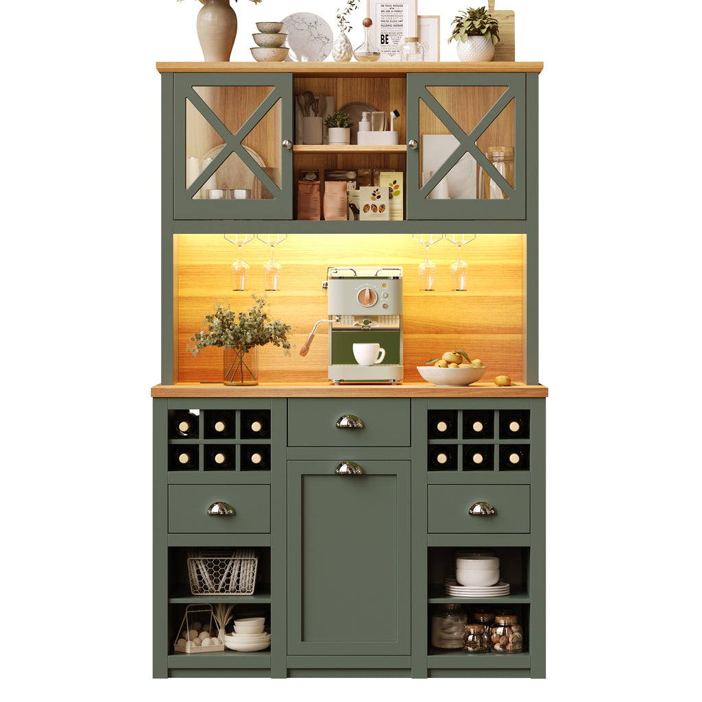 Kitchen cabinets (120 x 45 x 188 cm), tall kitchen cabinets, sideboards, kitchen cabinets with glass doors and LED lighting, side cabinet with wine rack, adjustable shelves, green