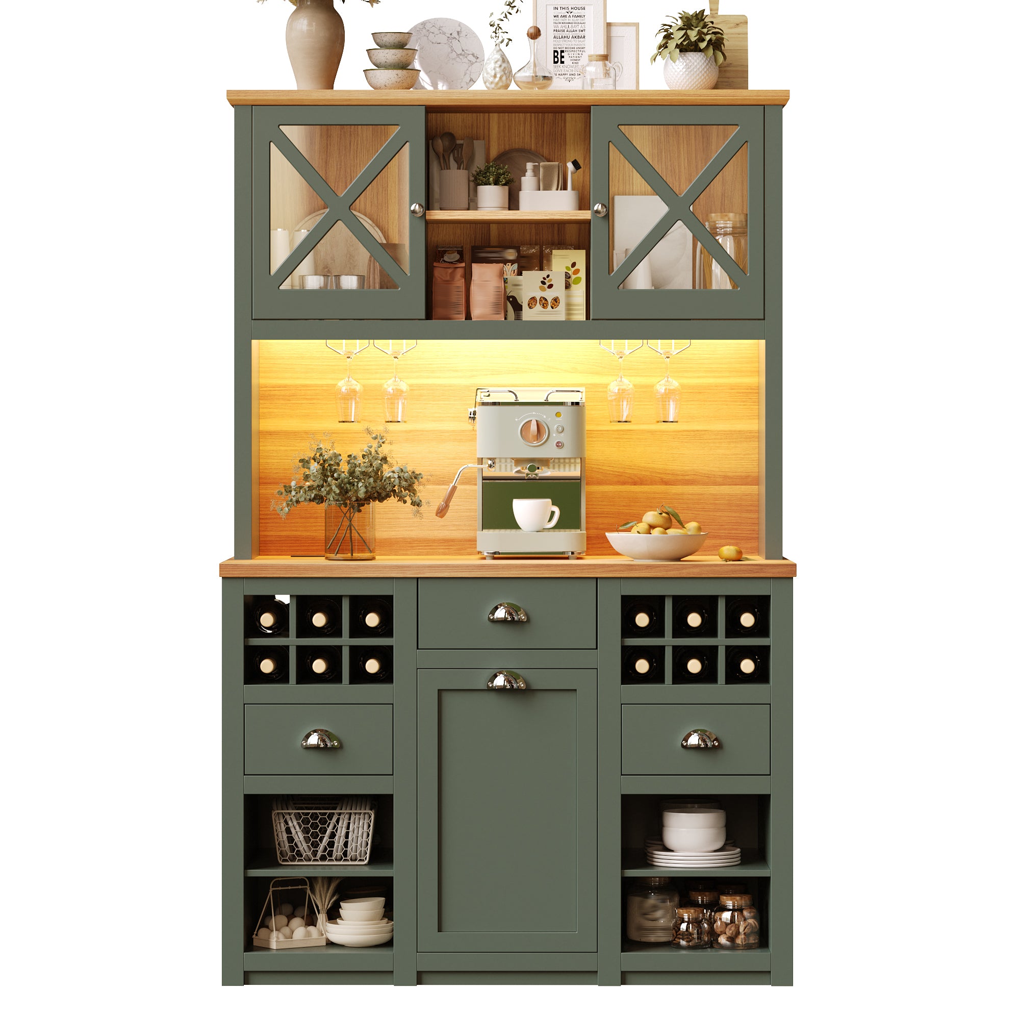 Kitchen cabinets (120 x 45 x 188 cm), tall kitchen cabinets, sideboards, kitchen cabinets with glass doors and LED lighting, side cabinet with wine rack, adjustable shelves, green