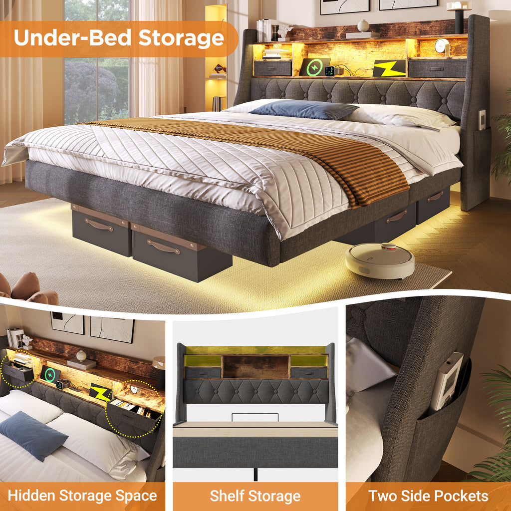Upholstered Bed 4ft6 Floating Bed with LED Lighting, USB Type-C Charging, Storage Headboard for Cellphones and Tablets,  135 x 190 cm Double Bed, Linen, Grey (No Mattress)