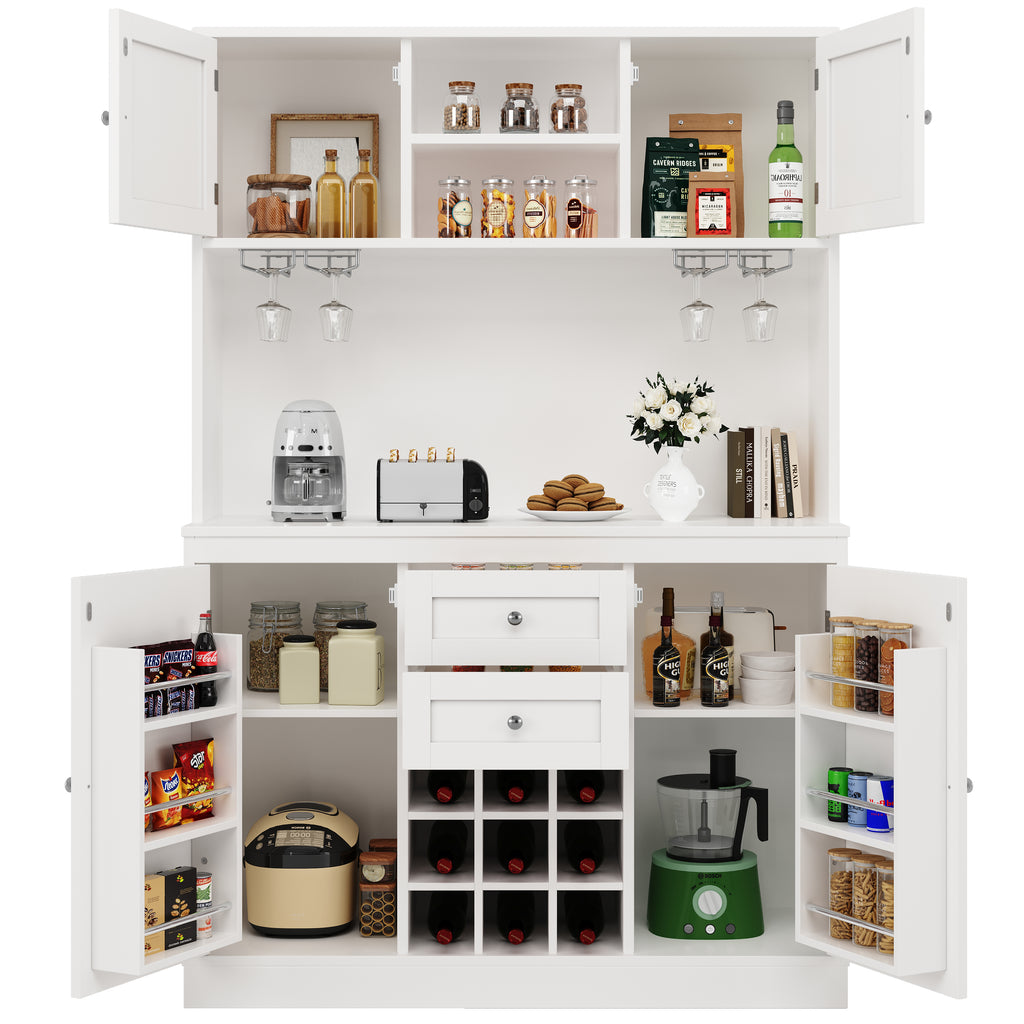 Kitchen Cabinet with Adjustable Shelves & Wine Rack, Tall Kitchen Cabinet with 4 Doors & 2 Drawers, Sideboard for Kitchen & Living Room, Buffet Cabinet, White/Balck