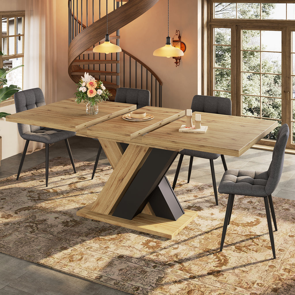 Dining table Telescopic table ,  kitchen table, extendable to 119-158.5cm with the aid of internal insert panels, for kitchen and living room, wood-colored dining table with X-shaped legs