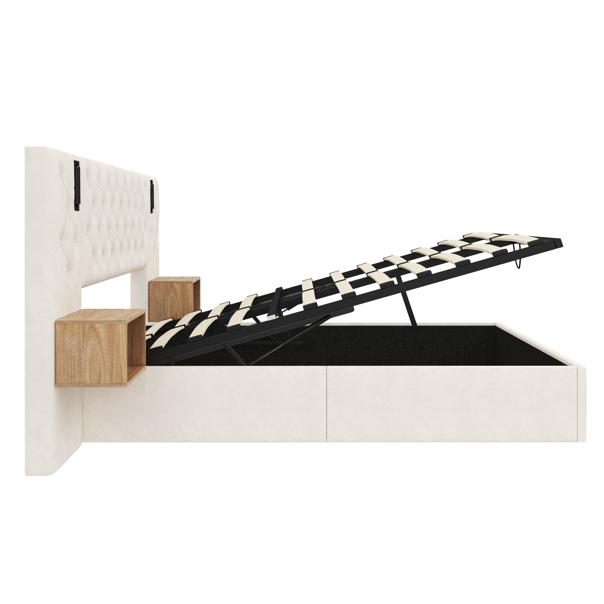 Beige Wide Headboard Upholstered Bed with charging station & Bedside Storage, package 1