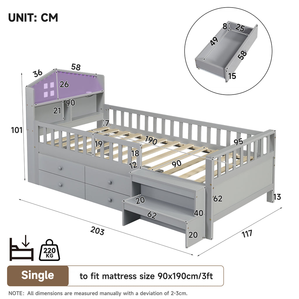 3ft Single Wooden Bed Frame, LED Lighting, Headboard Storage & Drawers, USB Charging Port, Safety Rails & Step Stool, Easy Assembly, Grey (No Mattress)