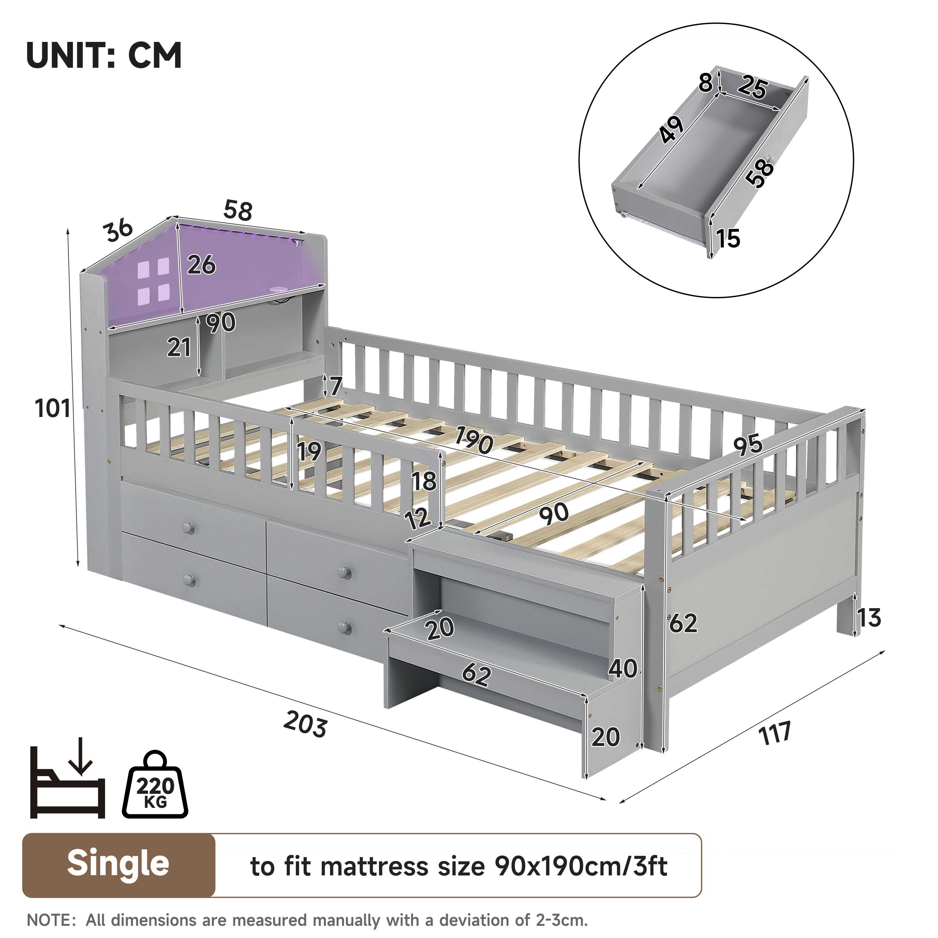 3ft Single Wooden Bed Frame, LED Lighting, Headboard Storage & Drawers, USB Charging Port, Safety Rails & Step Stool, Easy Assembly, Grey (No Mattress)