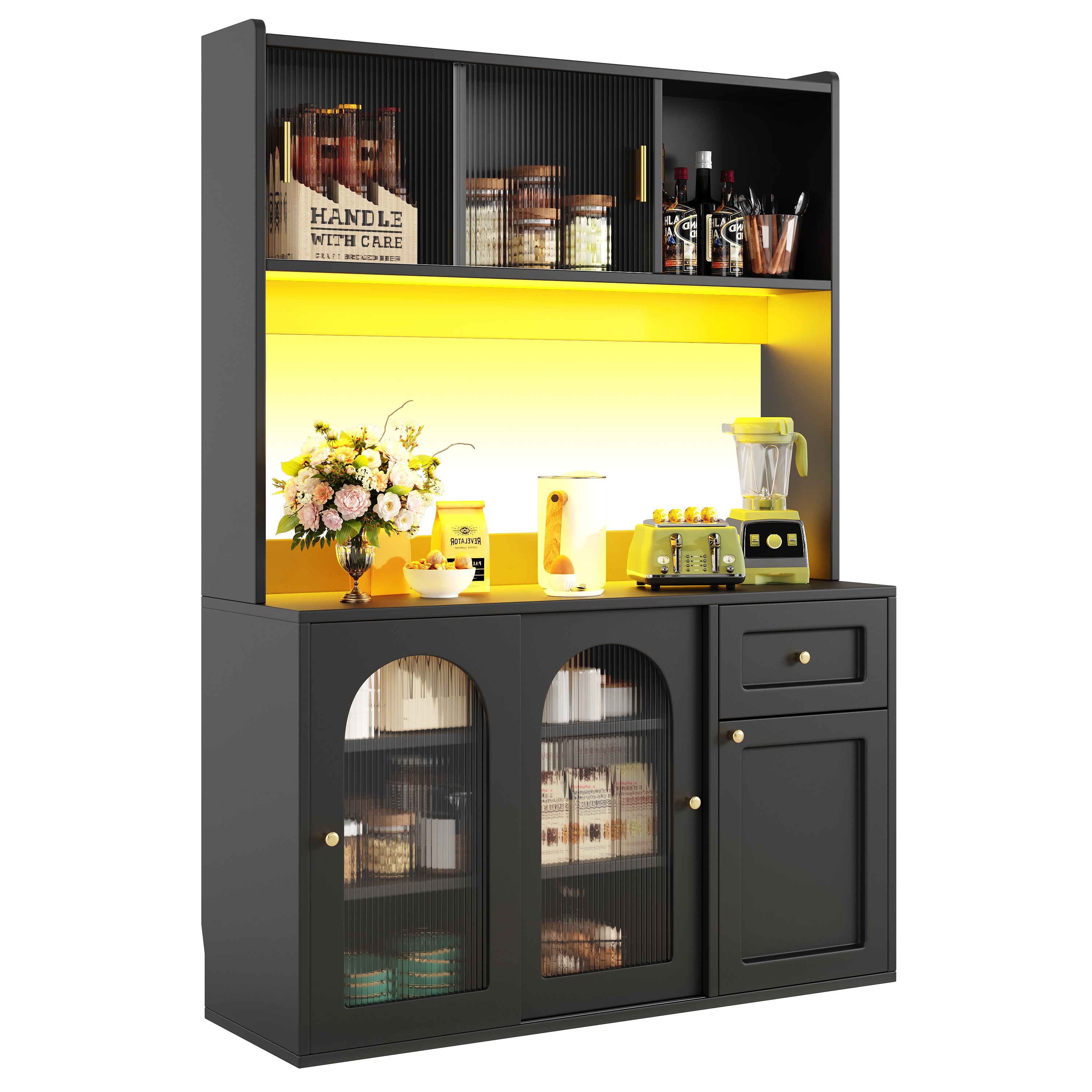 Kitchen Cabinet(120*35*167cm), Tall Cabinet, Display Cabinet, Buffet Cabinet with Adjustable Shelves, Dining Room Cabinet, Sideboard with LED Lighting, White/Black