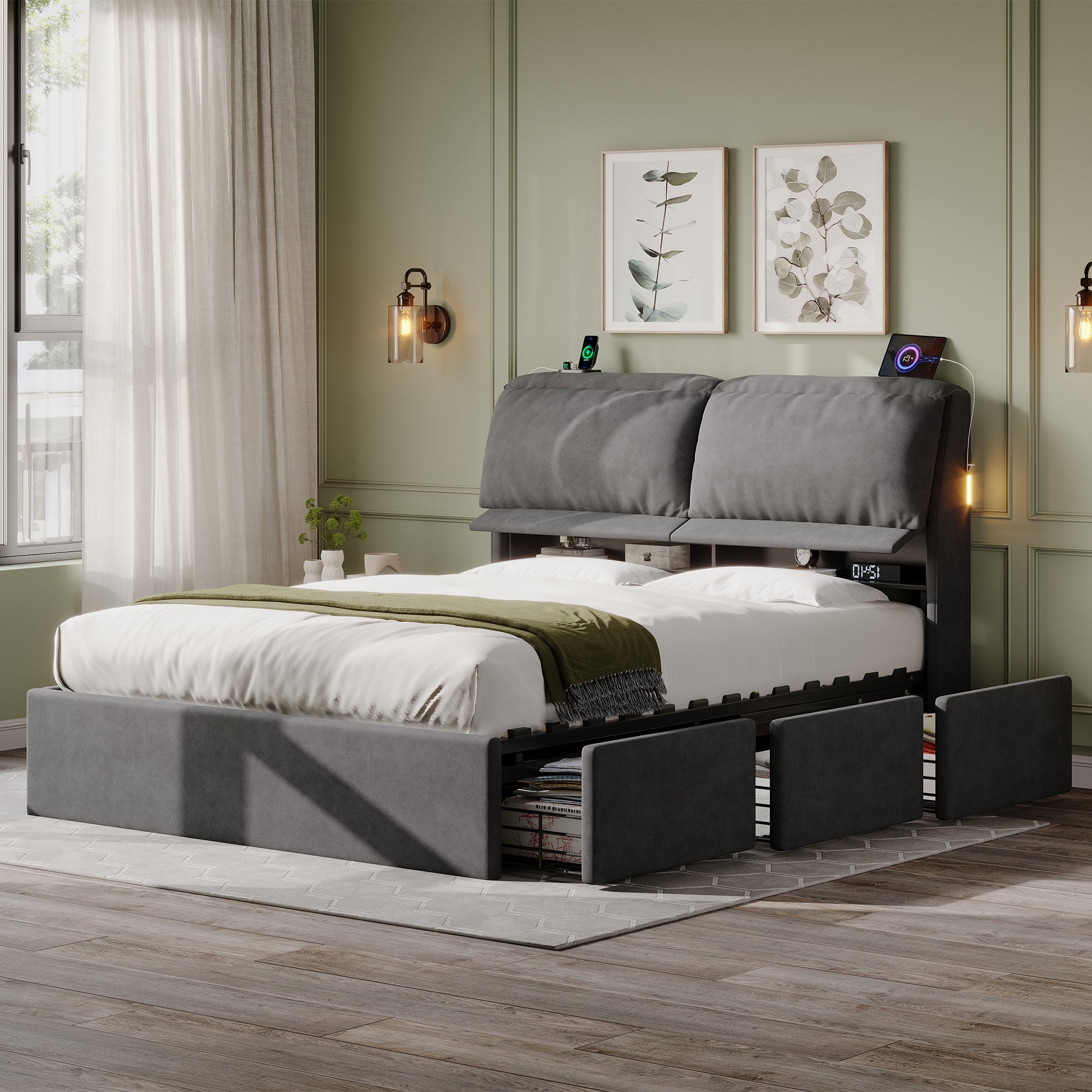 5ft King Bed with Hydraulic Storage, Velvet Upholstered Bed with Headboard Flip-top Storage and Drawers, Back Cushion Headboard with Charging Station and LED Night Light, Grey (No Mattress)