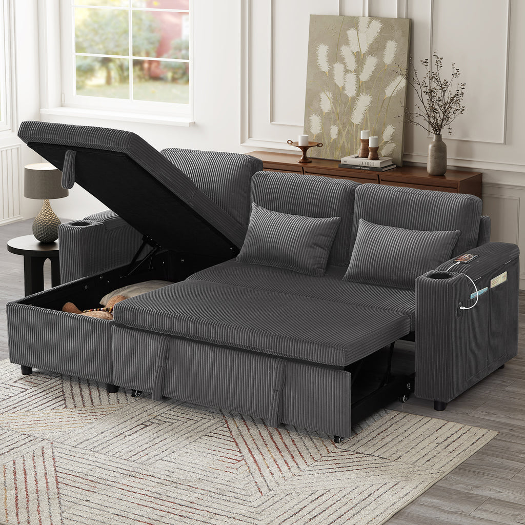 3 in 1 Convertible Corduroy Sofa Bed with Storage Chaise, L Shaped Sleeper Sofa Couches with Armrest Storage and Charging Station. Pullout Sectional Daybed for Living Room/Bedroom/Office, Grey