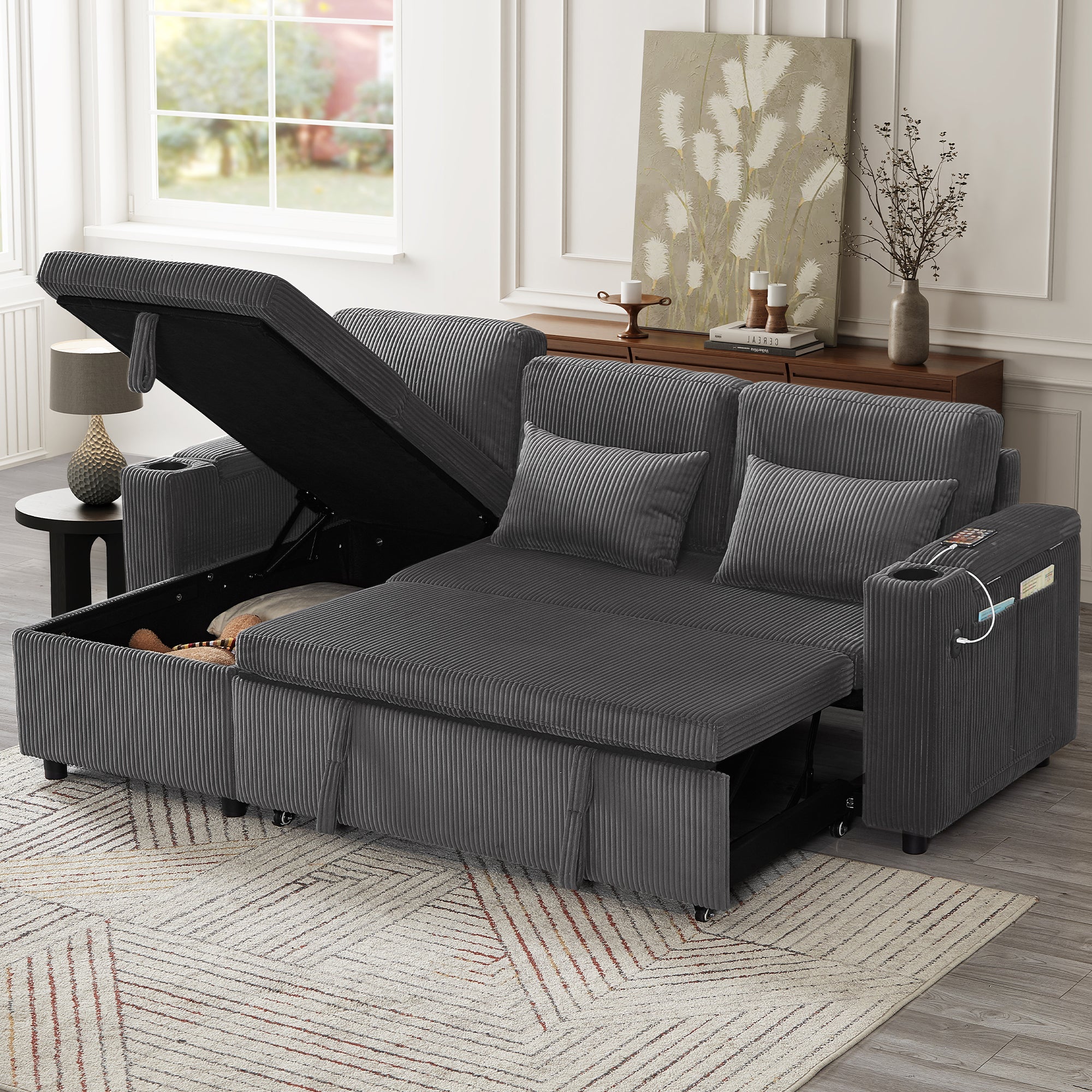3 in 1 Convertible Corduroy Sofa Bed with Storage Chaise, L Shaped Sleeper Sofa Couches with Armrest Storage and Charging Station. Pullout Sectional Daybed for Living Room/Bedroom/Office, Grey