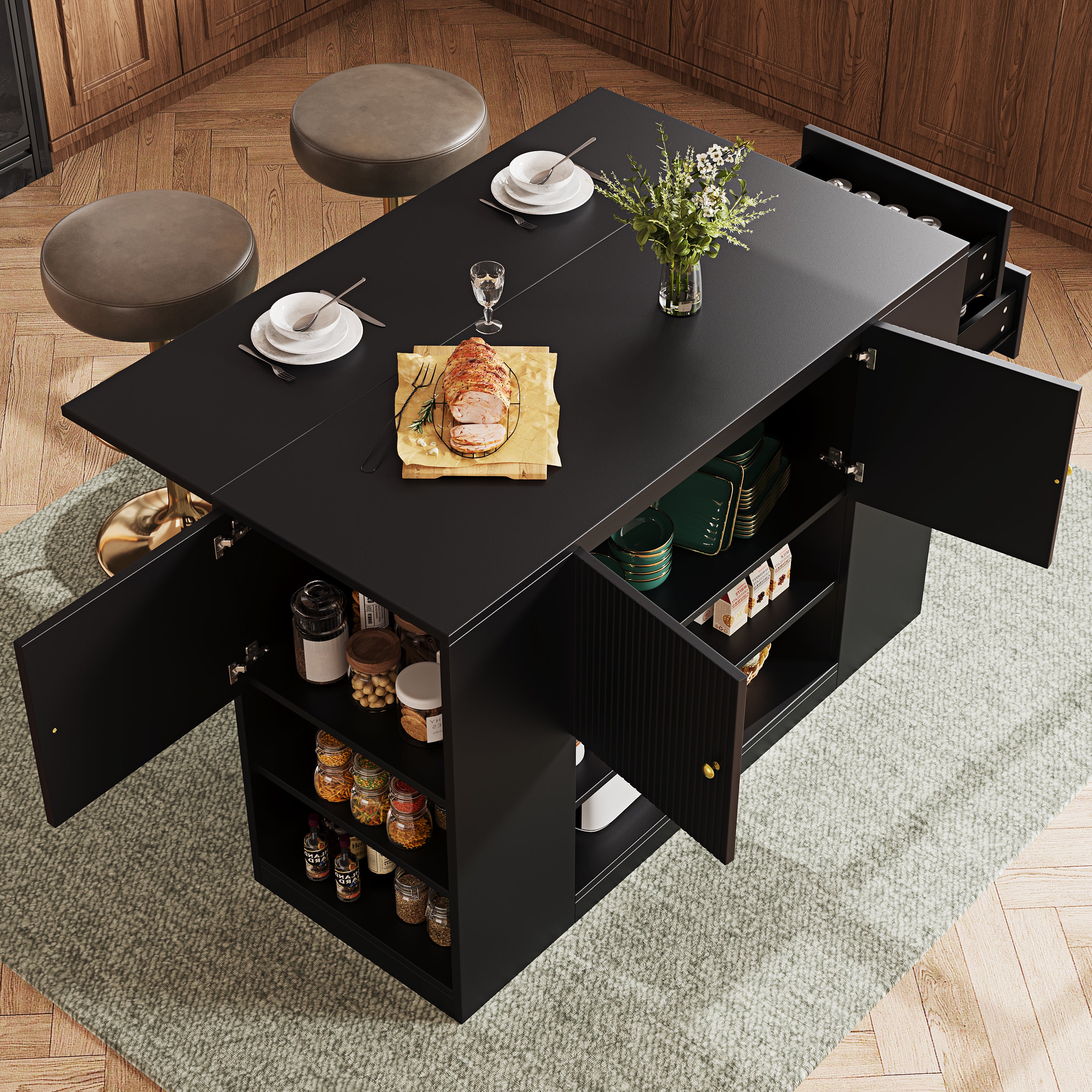 Modern kitchen island, sideboard, kitchen cabinet with drawers and shelves, sideboard for kitchen & dining room, black