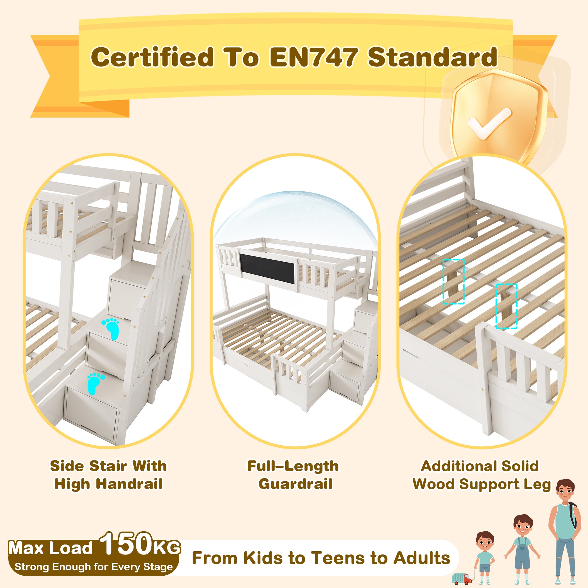 Bunk Beds for Kids, Staircase Bunk with Drawers and Chalkboard, Children's Bed with Storage Space, Double Bunk Bed for Family with Multiple Children, (90+135) x 190 cm, Solid Wood, White