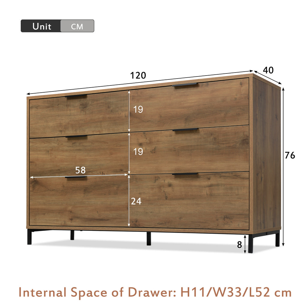  Sideboard Cabinet for Living Room, Chest of Drawers with 6 Drawers, Dark Oak, 120W x 40D x 76H cm