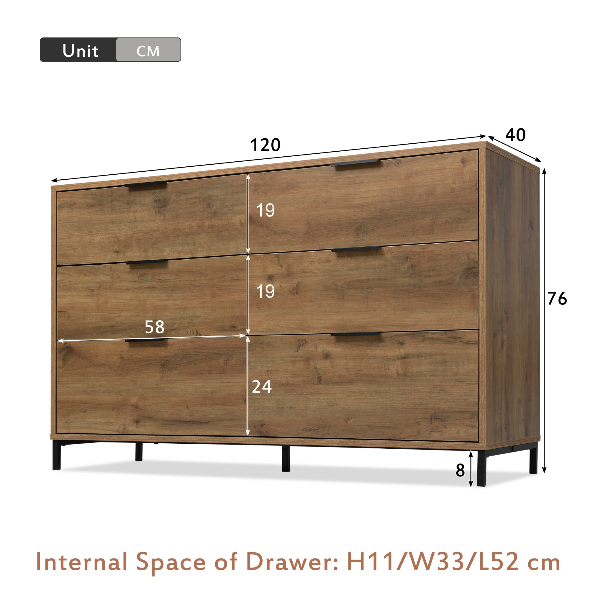  Sideboard Cabinet for Living Room, Chest of Drawers with 6 Drawers, Dark Oak, 120W x 40D x 76H cm