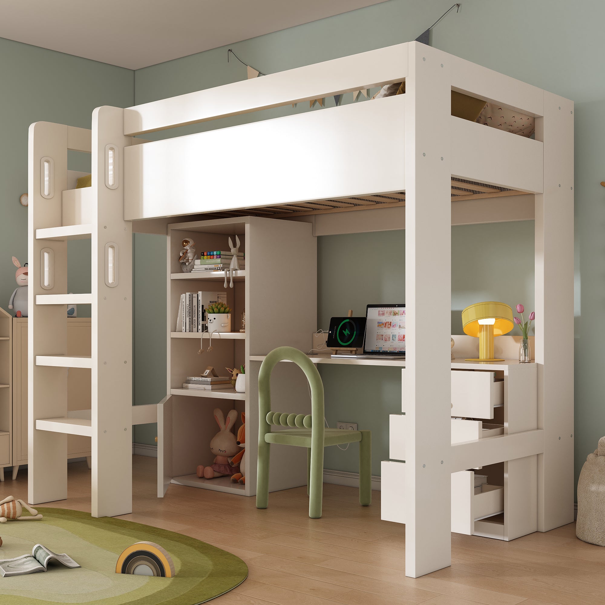 Kids' High Sleeper Bunk Bed with USB-C Desk, Bookshelf & Filing Cabinet, 90 x 190 cm Children's Loft Bed with Stairs & Storage Space, All-in-One Single Bed Frame with Slatted Frame, No Mattress