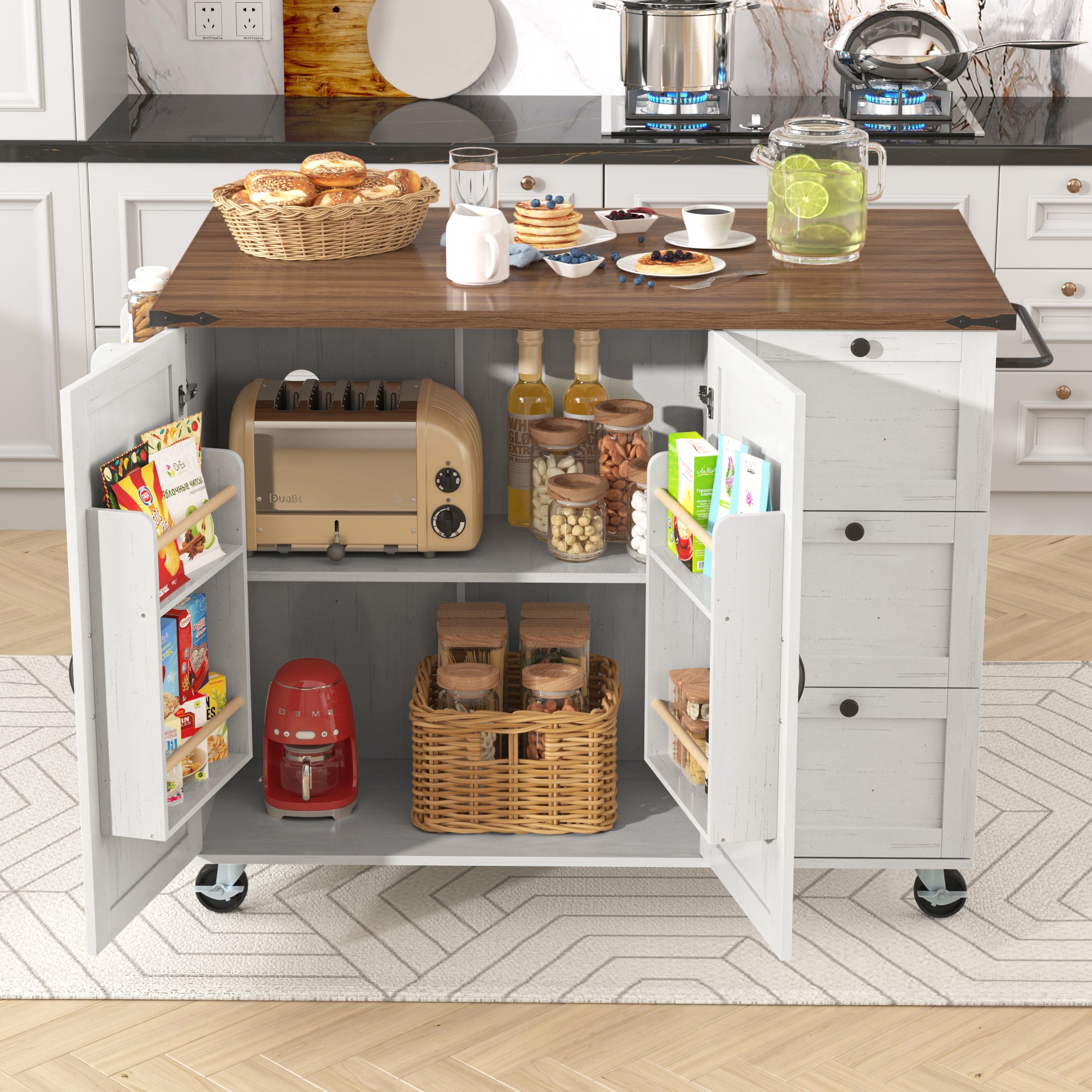 Kitchen island, serving cart with extendable worktop, kitchen cabinet, kitchen trolley, dining cart with wood grain, dining cart with two doors and three drawers
