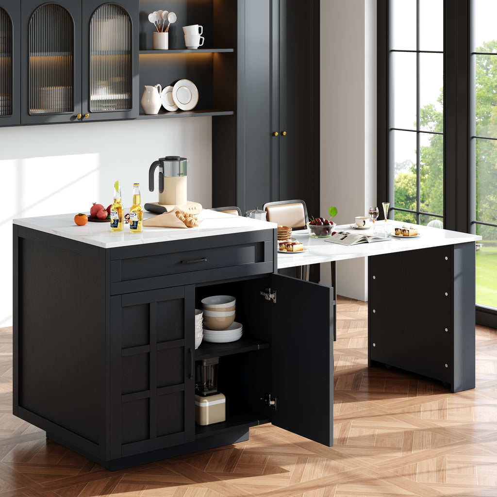 Extendable Bar Table with Storage (133–202 × 70 × 93.5 cm), with Two Drawers and Four Compartments, Expandable Kitchen Island Table for 2–6 People, Kitchen Dining Cart with Side Shelves, Black.