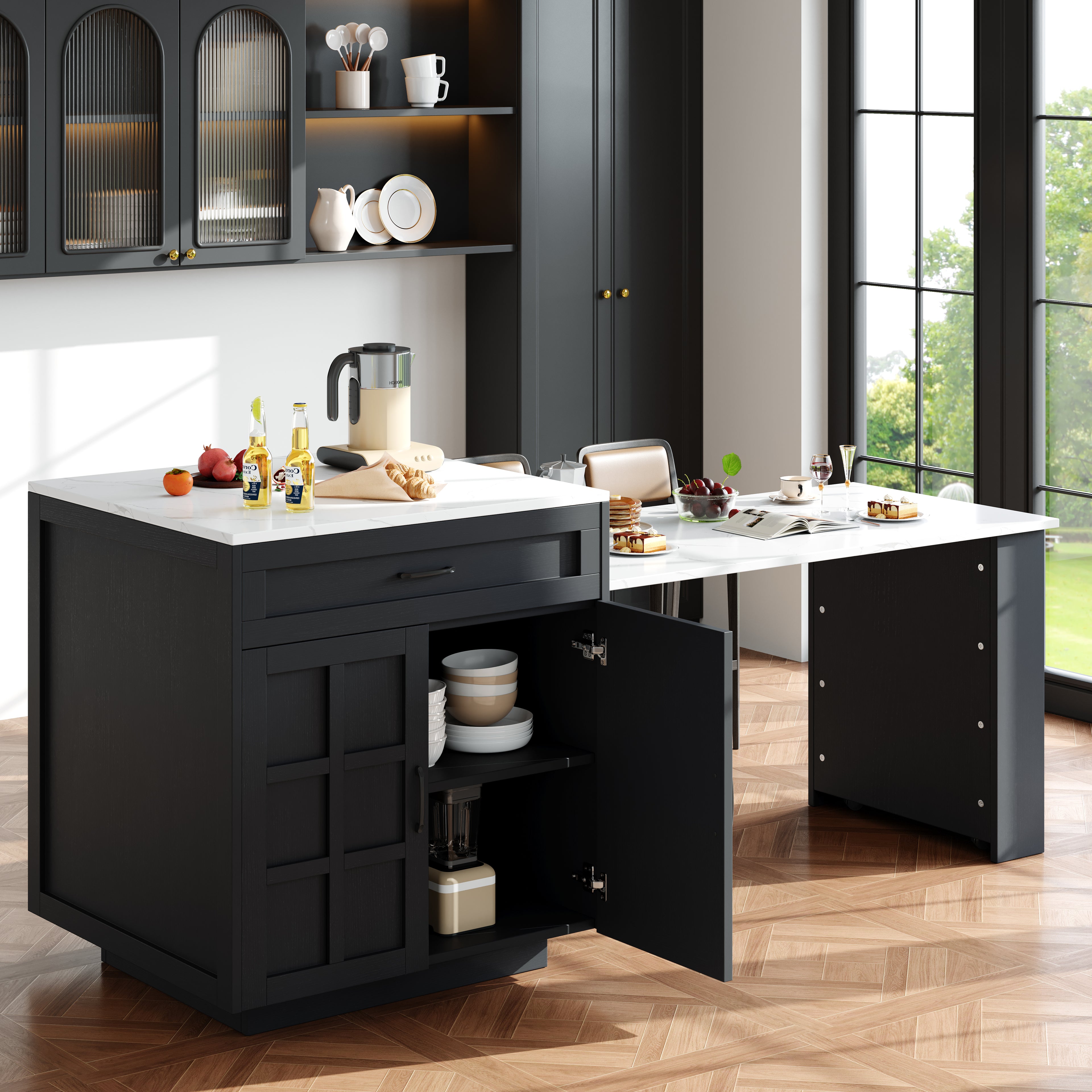 Extendable Bar Table with Storage (133–202 × 70 × 93.5 cm), with Two Drawers and Four Compartments, Expandable Kitchen Island Table for 2–6 People, Kitchen Dining Cart with Side Shelves, Black.