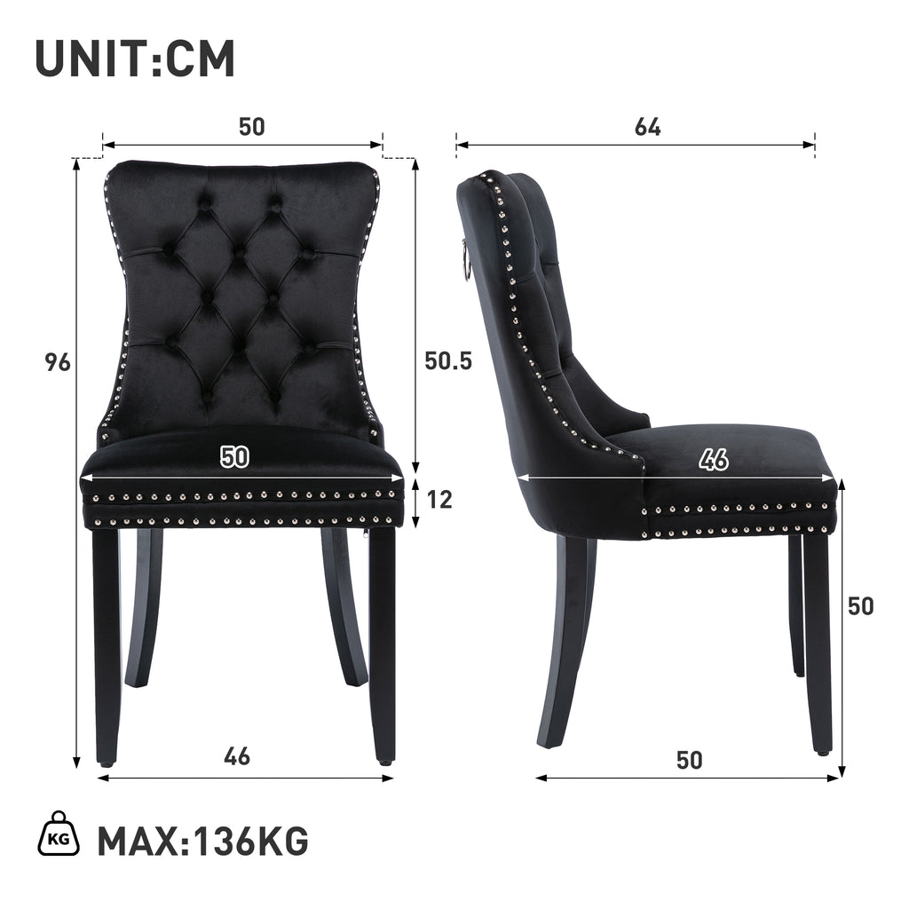 Modern Set of 4 Upholstered Velvet Dining Chairs, Button Tufted Kitchen Lounge Chairs with Solid Wood Legs, Riveted Trim and Knocker Ring, for Dining Room Living Room, Black