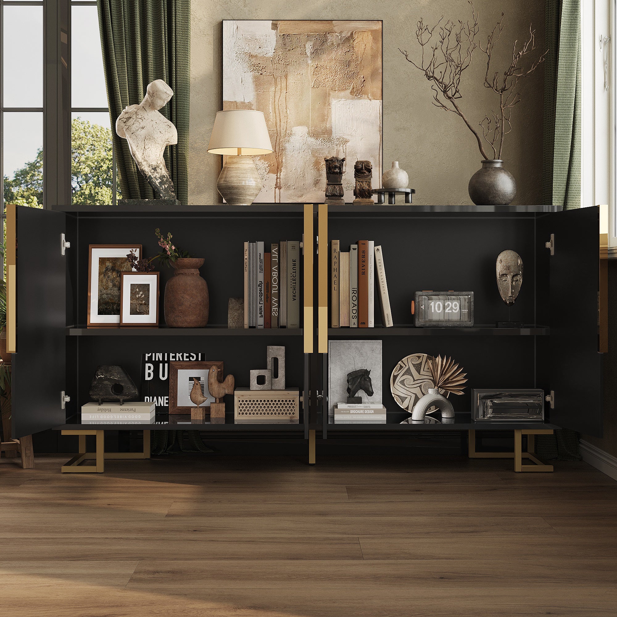 Black sideboard (152 x 40 x 75 cm) features a unique geometric design and gold handles and feet for an elegant feel
