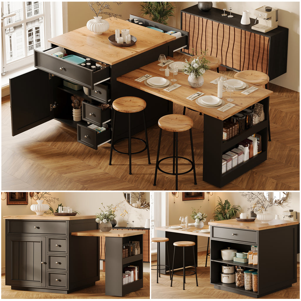 Extendable kitchen island (120-184 cm) with drawers and casters, mobile kitchen island with wood-look tabletop, versatile counter island for kitchen, dining room & bar counter, white/black