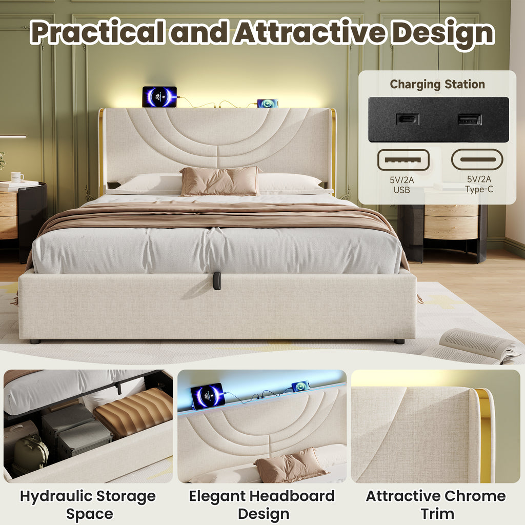 4ft6 Double Upholstered Bed Frame with Hydraulic Storage, LED Headboard with Charging Station and Chrome Trim, USB and Type-C Ports, Linen, No Box Spring Needed, Beige (No Mattress)