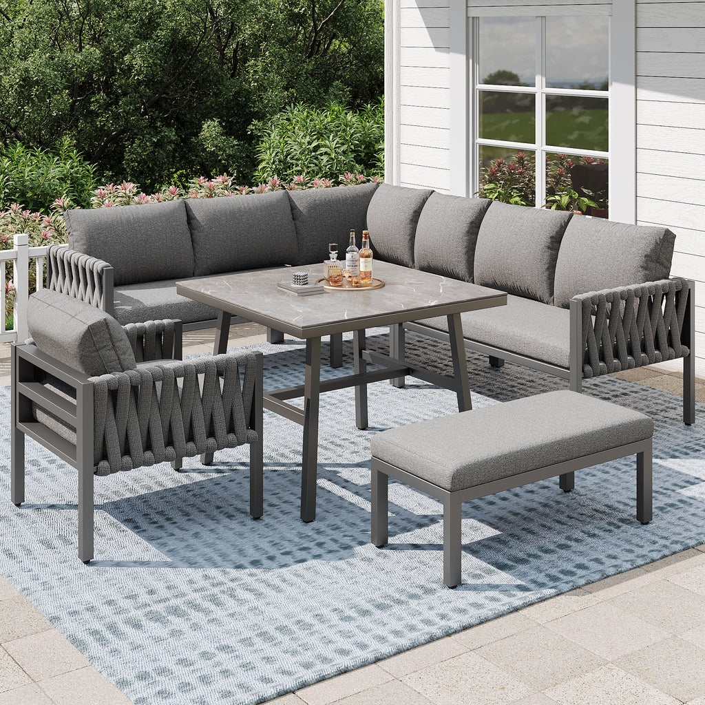 Garden furniture set, rope-weave outdoor sofa set with galvanized steel frame, adjustable legs, L-shaped sofa, tempered glass table top, includes all seat and back cushions, grey