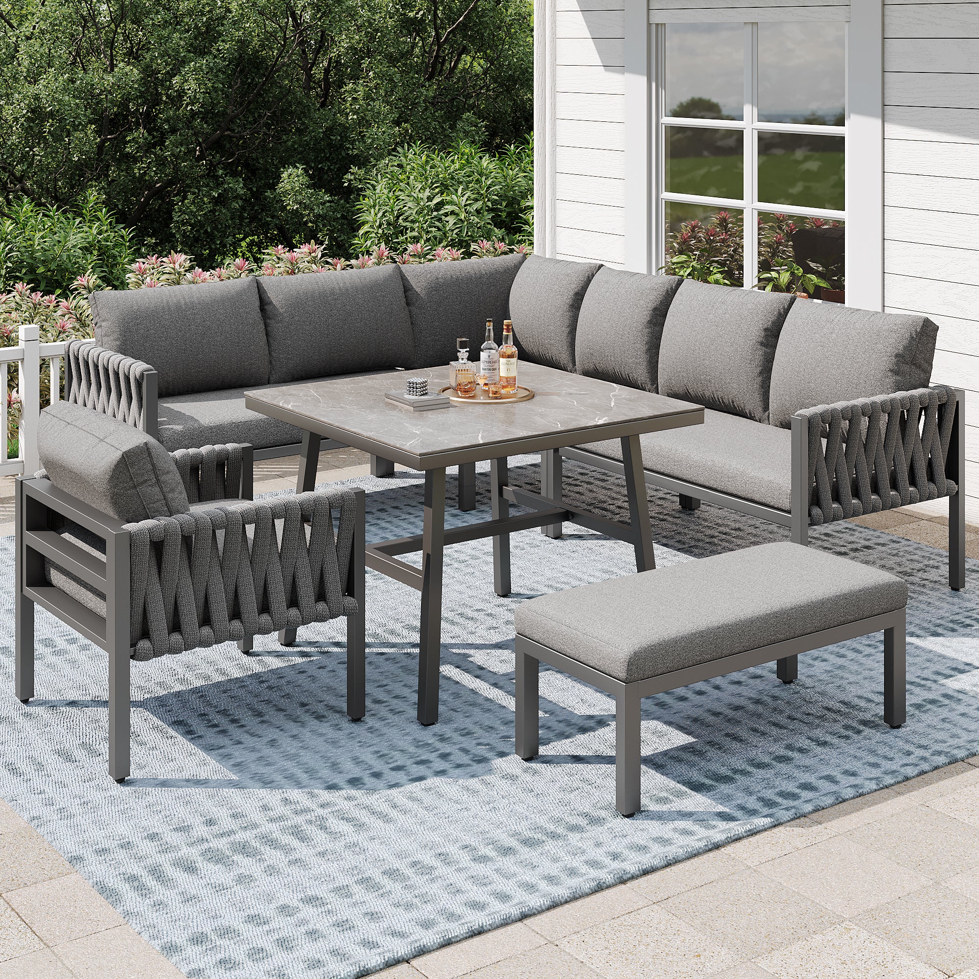 Garden furniture set, rope-weave outdoor sofa set with galvanized steel frame, adjustable legs, L-shaped sofa, tempered glass table top, includes all seat and back cushions, grey