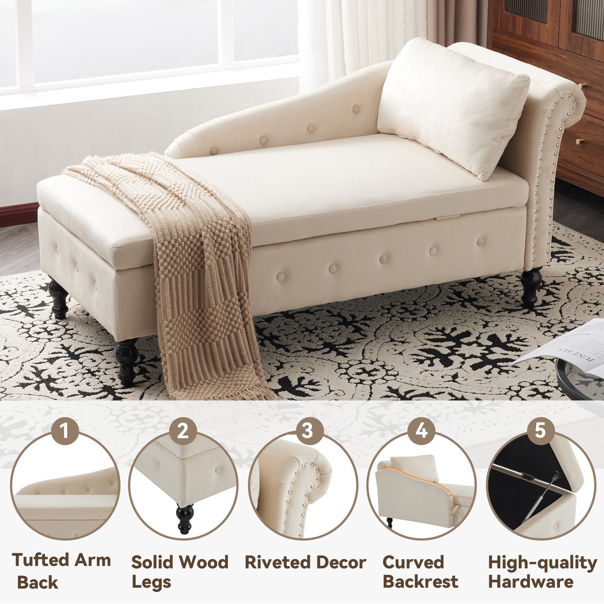 Velvet Chaise Lounge Sofa with Storage, Upholstered Chaise lounge Couch with Pillow for Living Room, Modern Nailhead-Trim & Button-tufted Lounge Chair, Bedroom and Office, Right Armrest