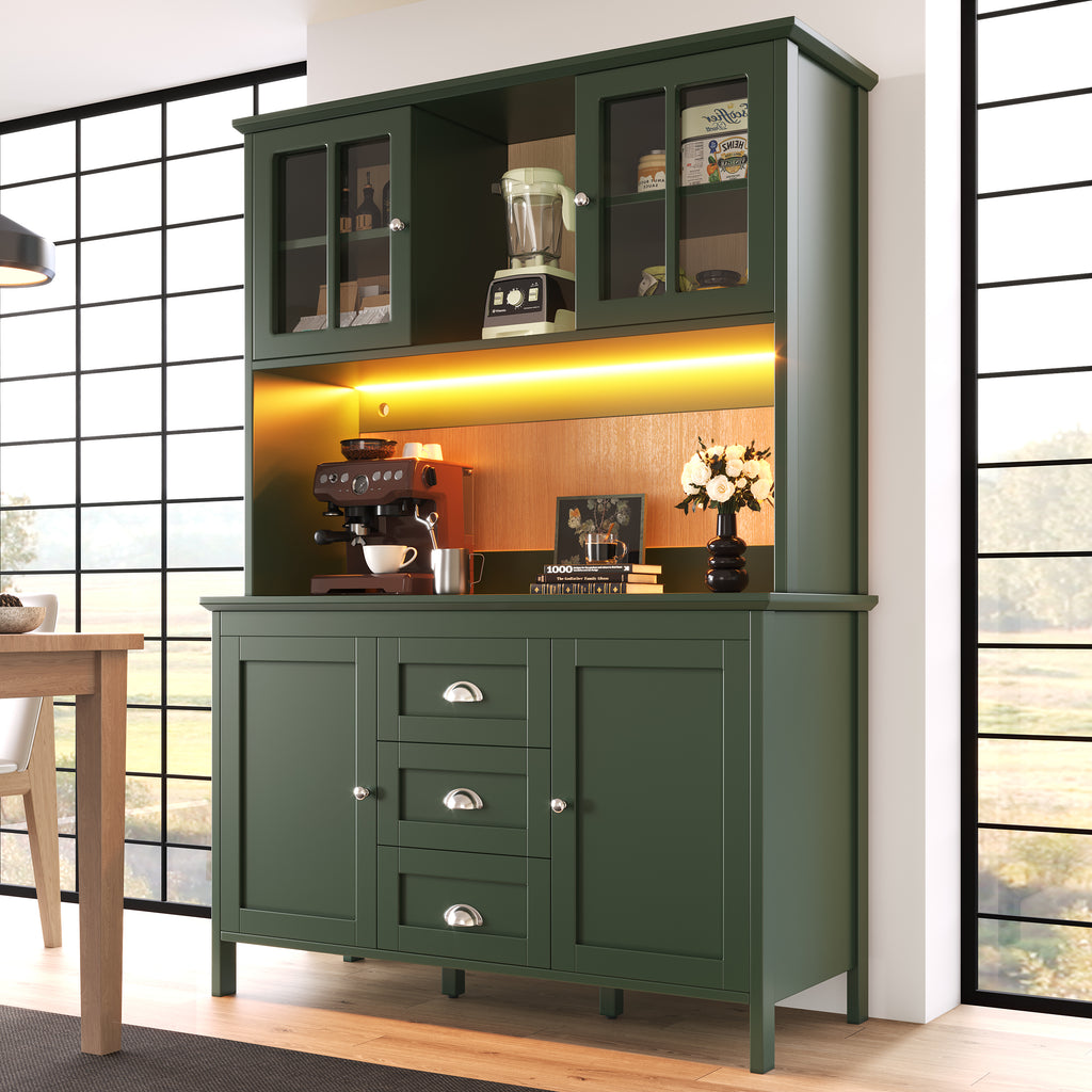Sideboard, Storage Cabinet, Kitchen Cabinet, Tall Sideboard with LED Lighting, 120x40x179 cm, 4 Doors & 3 Drawers, Black/Green