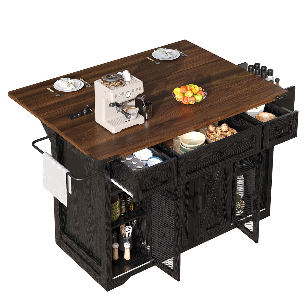 Kitchen island trolley with extendable worktop and power connection, 91cm working height, white/black, load capacity up to 75kg