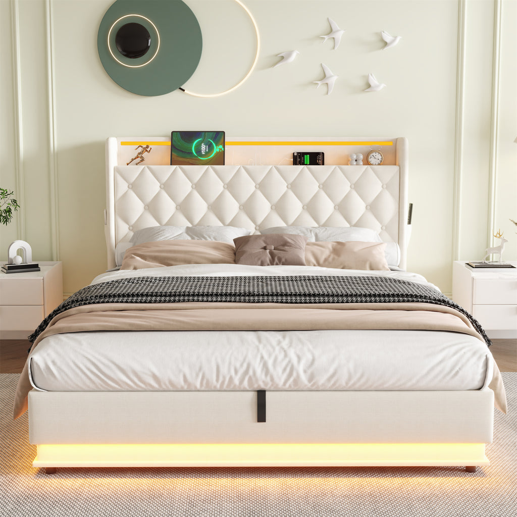 4ft6 Double Upholstered Bed Frame with Hydraulic Storage, Linen Ottoman Bed with LED Lighting and Charging Station, LED Button Tufted Headboard with USB and Type - C Ports, No Box Spring Needed, Beige