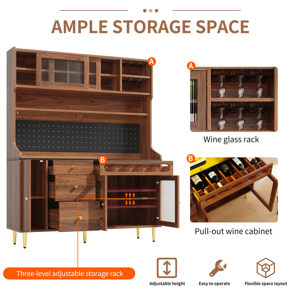 Highboard with Adjustable Shelves & LED Lights, Freestanding Storage Unit for Living Room Kitchen Dining, Tall cabinet with wine rack, Dimensions 145x39x171cm,Walnut color