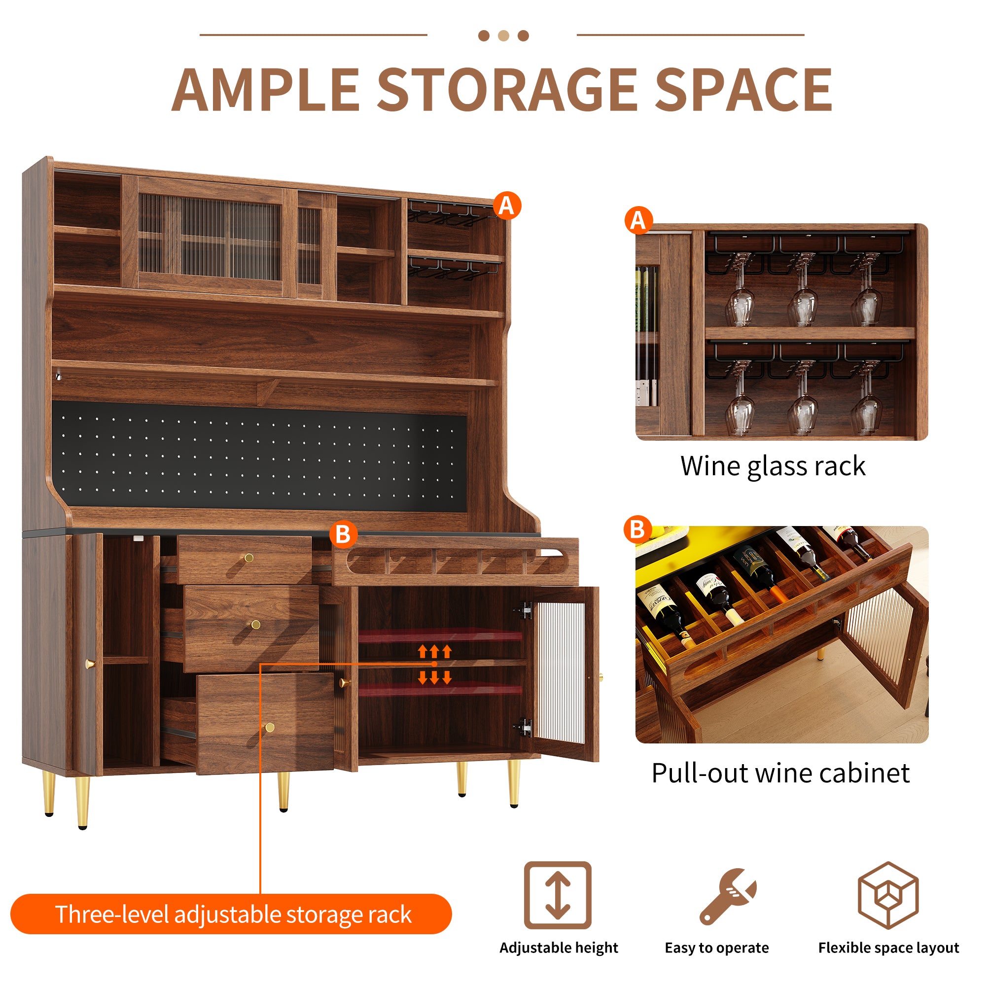 Highboard with Adjustable Shelves & LED Lights, Freestanding Storage Unit for Living Room Kitchen Dining, Tall cabinet with wine rack, Dimensions 145x39x171cm,Walnut color