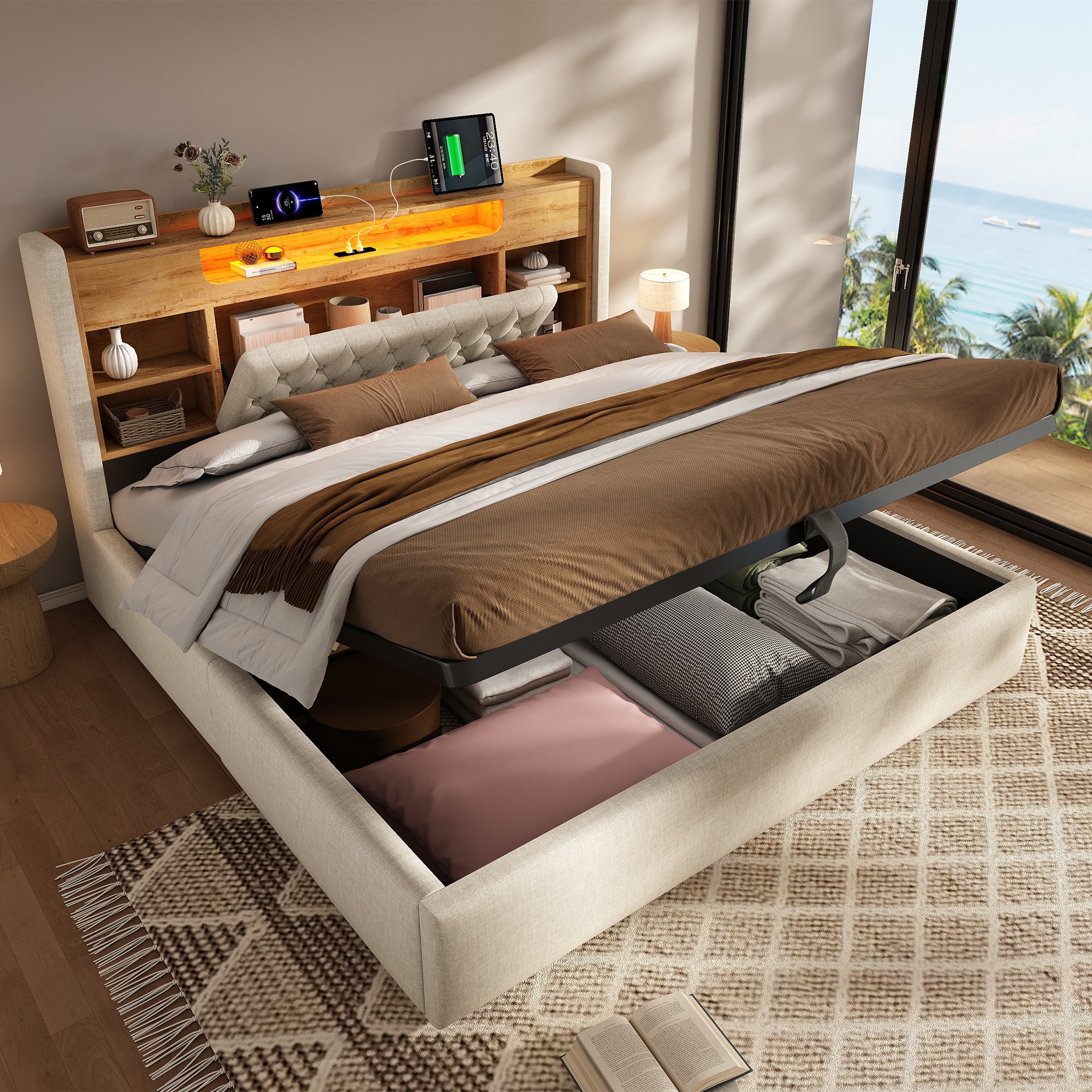 6ft Super King Bed with Hydraulic Storage, Upholstered Bed Frame with LED Lighting & Charging Station, Storage Headboard for Cellphones & Tablets, 180 x 200 cm, Linen, Beige (No Mattress)