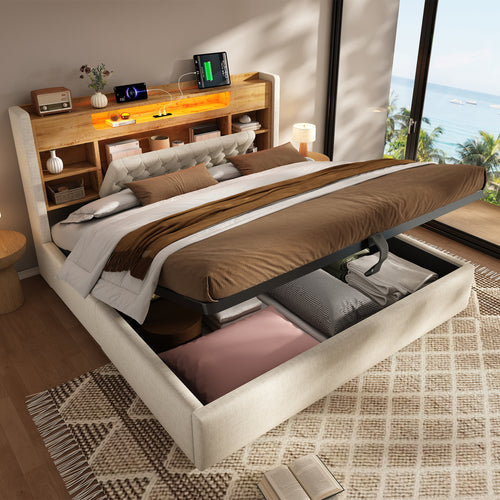 5ft King Bed with Hydraulic Storage, Upholstered Bed Frame with LED Lighting & Charging Station, Storage Headboard for Cellphones & Tablets, 150 x 200 cm, Linen, Beige (No Mattress)