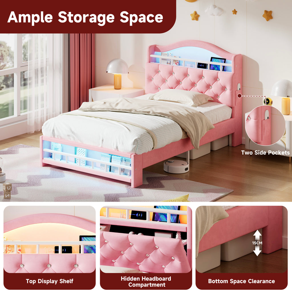 3ft Single Upholstered Velvet Bed Frame, LED Bed Frame with Charging Station & Diamond Tufted Headboard, Concealed Headboard Storage with USB and Type - C Ports, Easy Assembly, Pink (No Mattress)