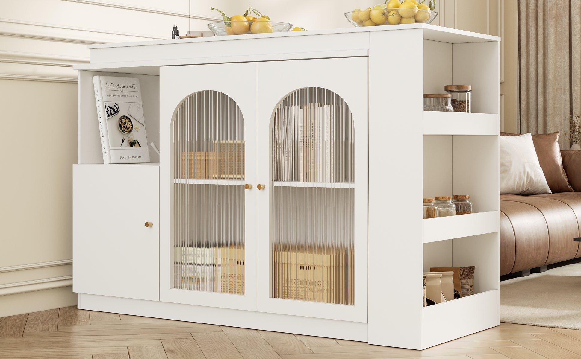 360° rotating bar table (main body 120 x 40 x 97 cm), modern and simple white rotating dining and bar cabinet, multifunctional storage cabinet with glass door