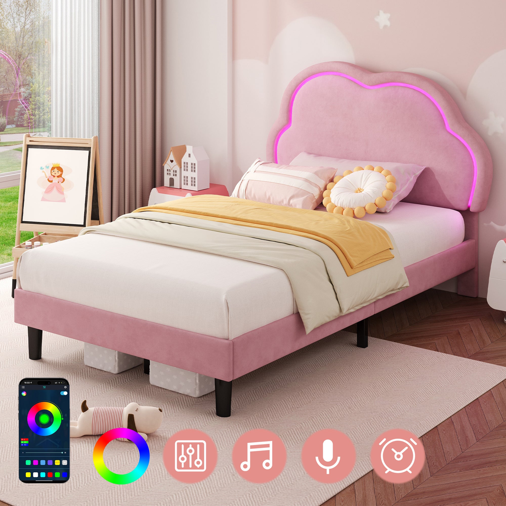 3ft Single Upholstered Bed with LED Adjustable Cute Cloud Headboard, Soft Velvet Bed Frame with Solid Wood Slat, No Box Spring Needed, Easy Assembly, Pink (No Mattress)