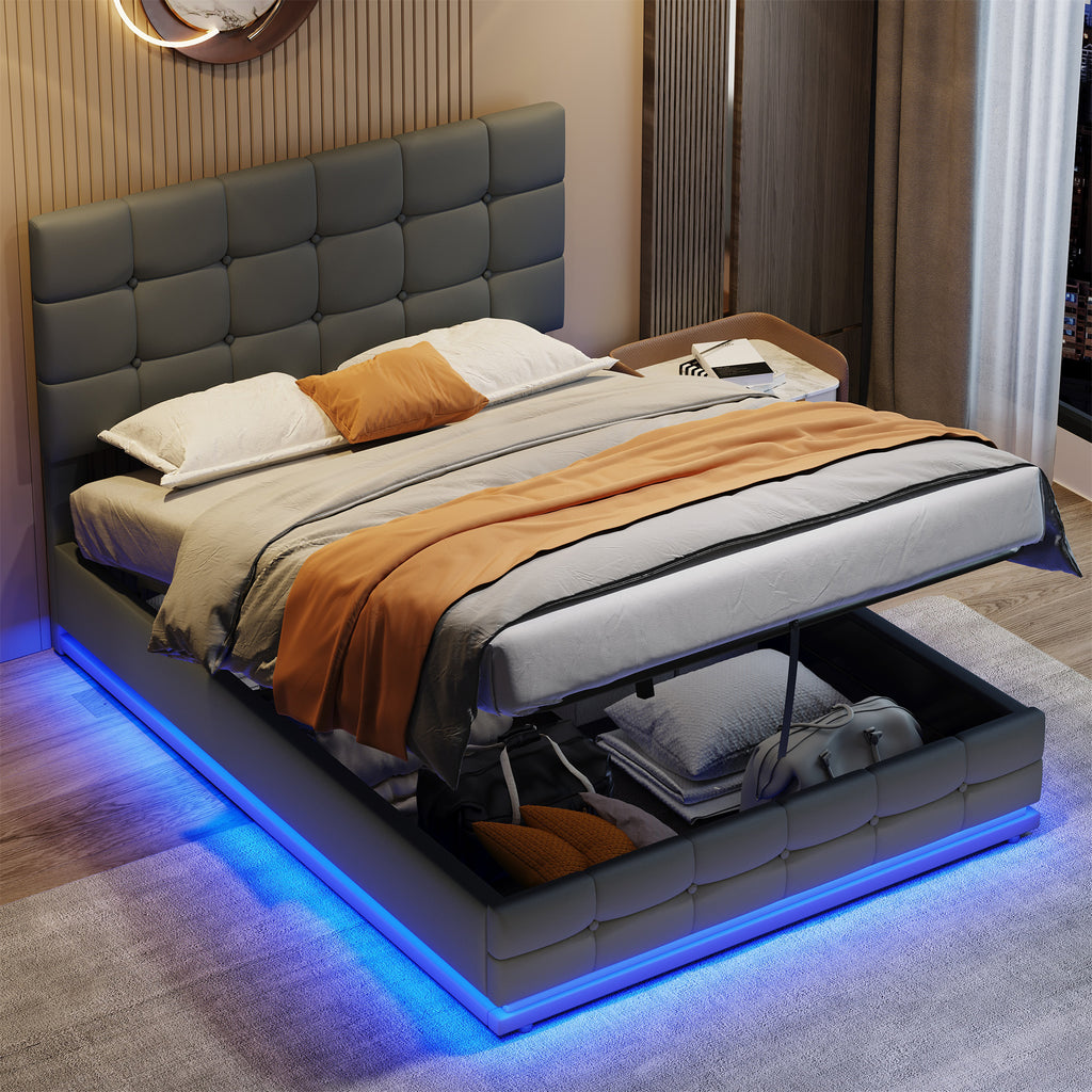 Ottoman Double Bed with LED Lighting, PU Leather Upholstered Bed with Hydraulic Storage, 4ft6 Double Bed Frame with Adjustable Button Tufted Headboard, No Box Spring Needed, Grey (No Mattress)