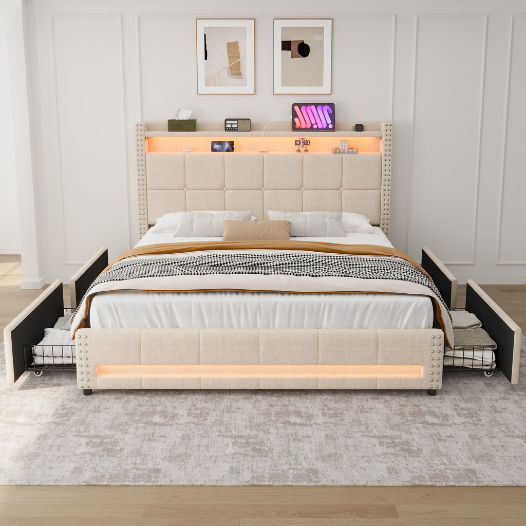 4ft6 Double Upholstered Bed with 4 Storage Drawers, LED Rivet  Storage Bed with Charging Station, Button Tufted Headboard with USB and Type-C Ports, No Box Spring Needed, Linen, Beige (No Mattress)