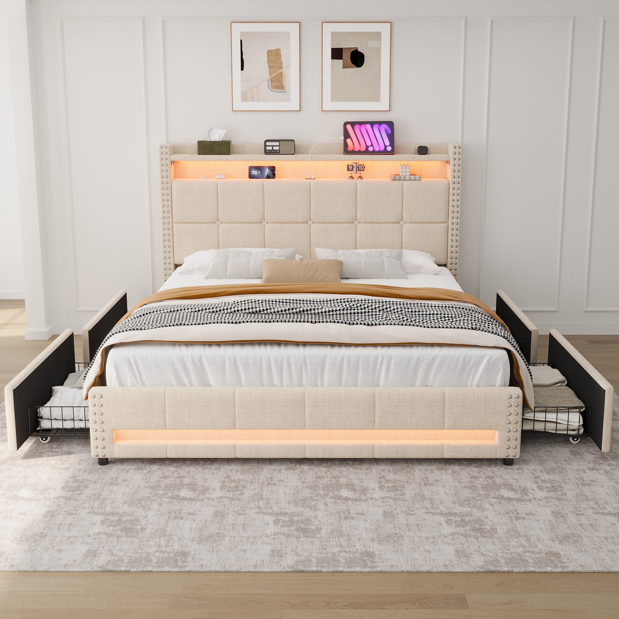 4ft6 Double Upholstered Bed with 4 Storage Drawers, LED Rivet  Storage Bed with Charging Station, Button Tufted Headboard with USB and Type-C Ports, No Box Spring Needed, Linen, Beige (No Mattress)