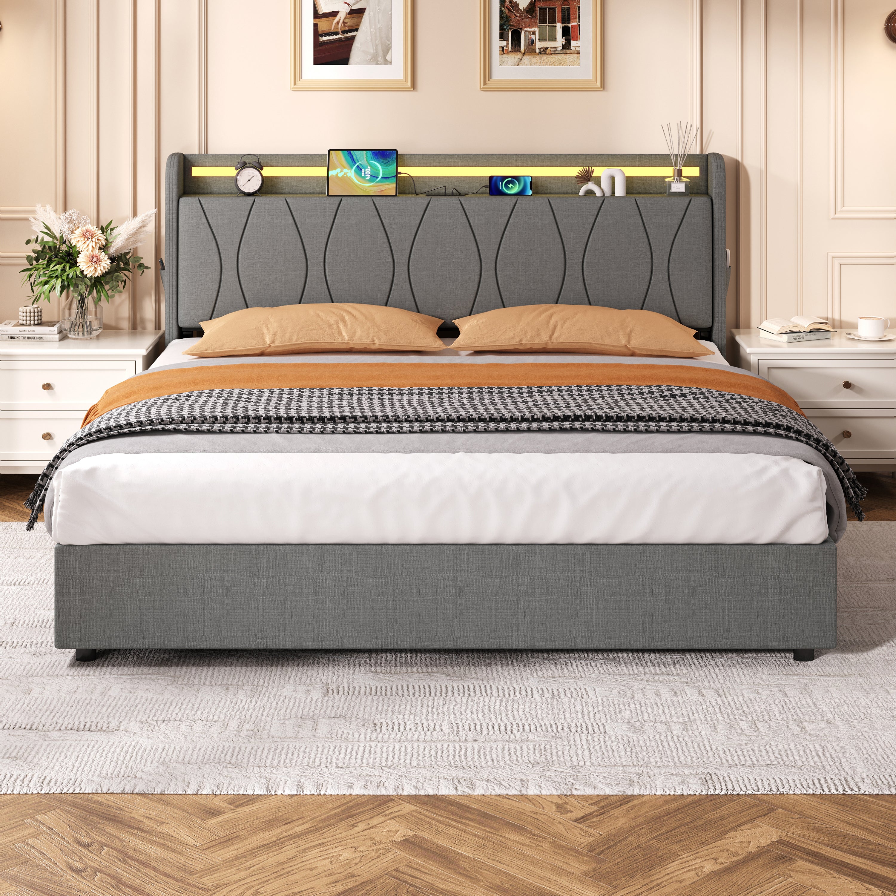 5ft King Upholstered Bed Frame with Hydraulic Storage, LED Headboard with Charging Station and Concealed Headboard Storage, USB and Type - C Ports, Linen, No Box Spring Needed, Grey (No Mattress)