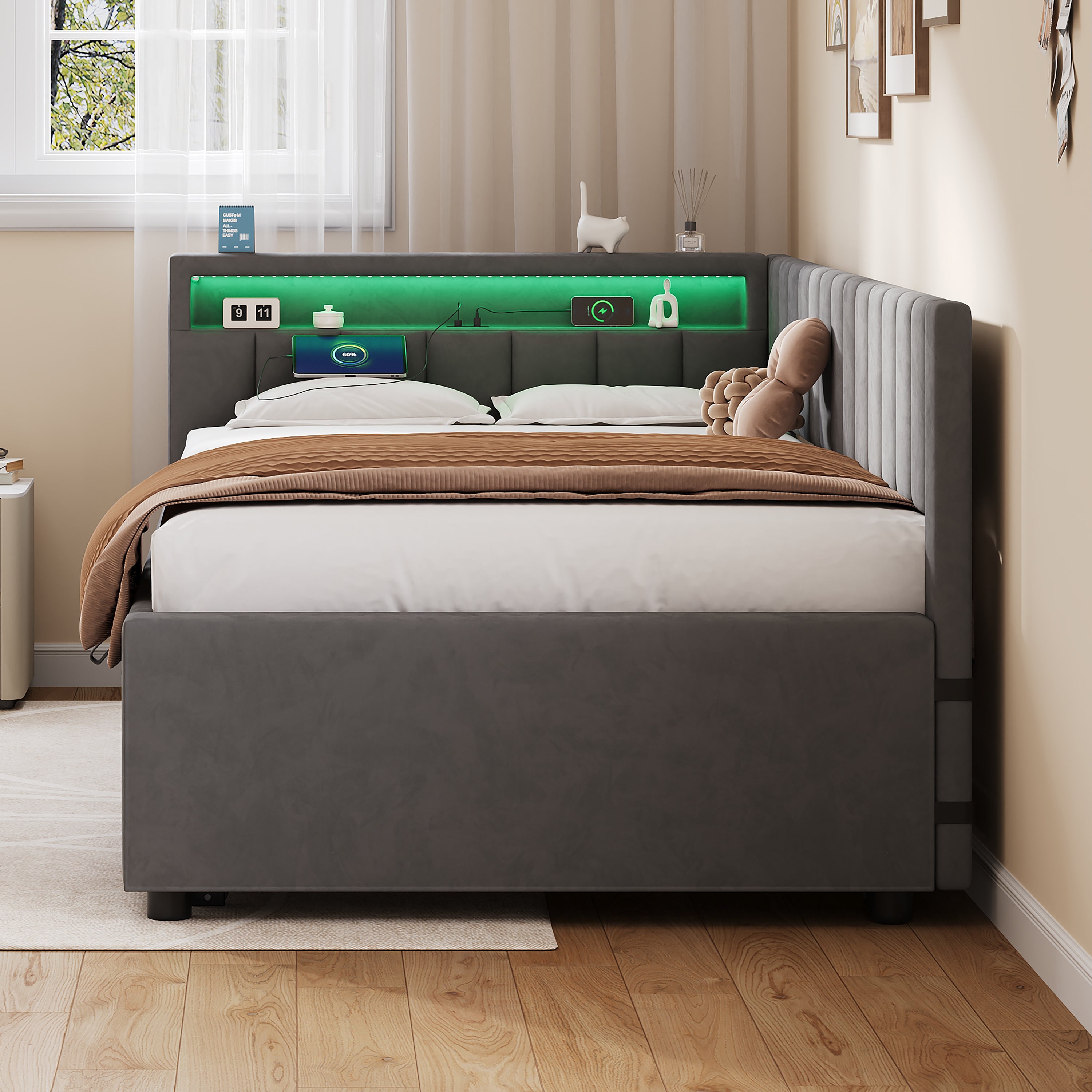 3ft Single Velvet Daybed, Sofa Bed with RGB LED Lights and Charging Station, Upholstered Sofa Bed with Trundle, Pull out Trundle Bed for Living Room, Bedroom or Study, Grey (No Mattress)