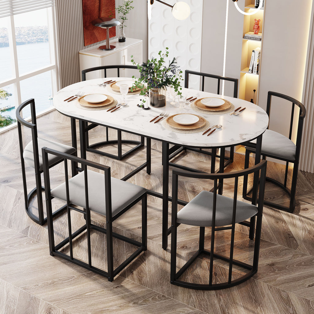 Six-chair dining table set: (White table, chairs with backrests and gray cushions, black iron frame), dining room table and chair set, modern dining table combination
