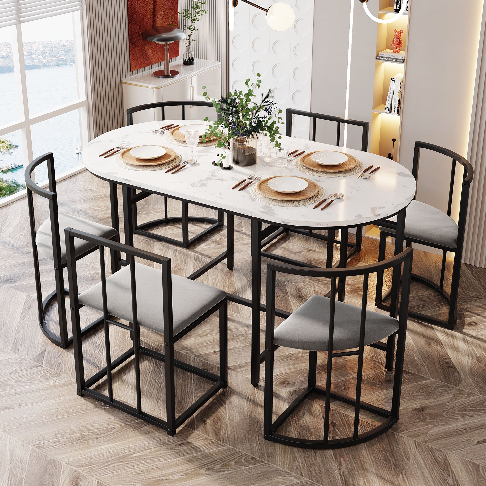 Six-chair dining table set: (White table, chairs with backrests and gray cushions, black iron frame), dining room table and chair set, modern dining table combination