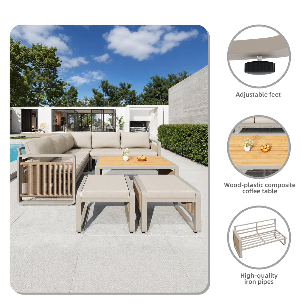 Garden lounge chair set, furniture set for 6-7 people, handwoven rope garden sofa, weatherproof corner set & iron lounger, including soft seat and back cushions, adjustable feet, beige