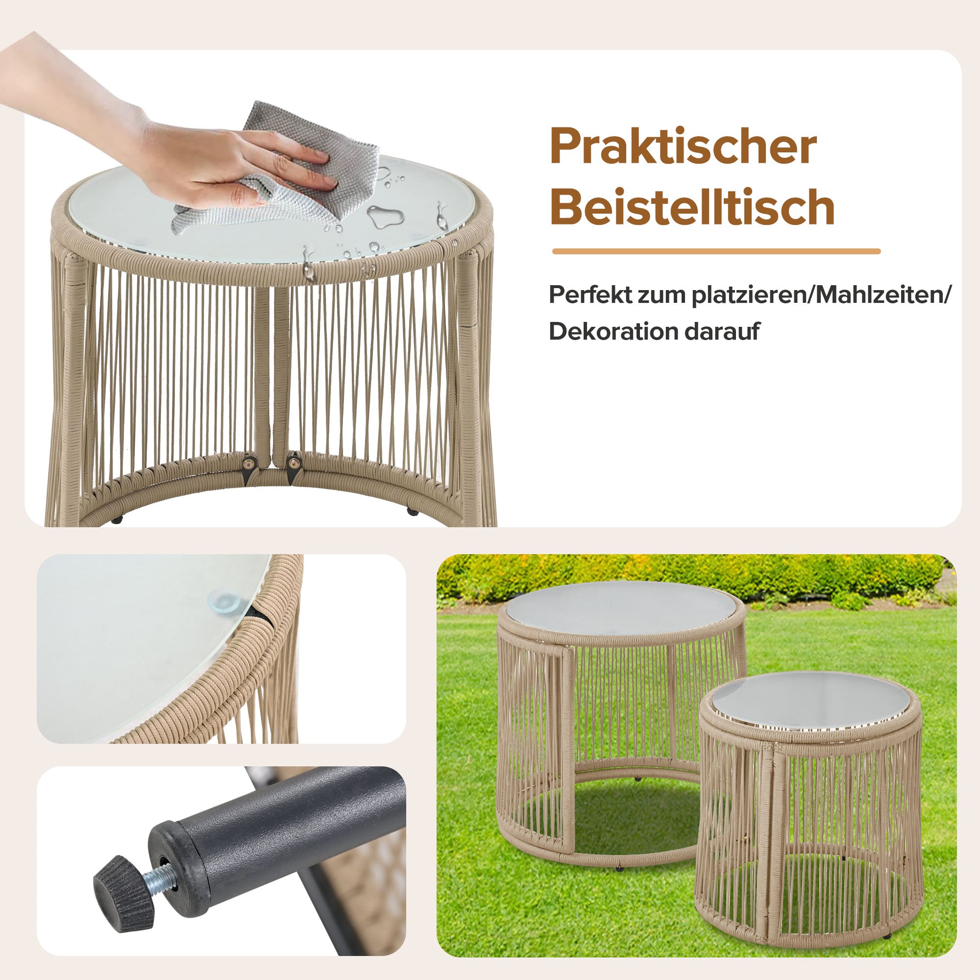Garden lounge sofa set, outdoor furniture set, iron frame and beige rope weave, beige, two armchairs, two two-seater sofa and two round tables (all cushions included)